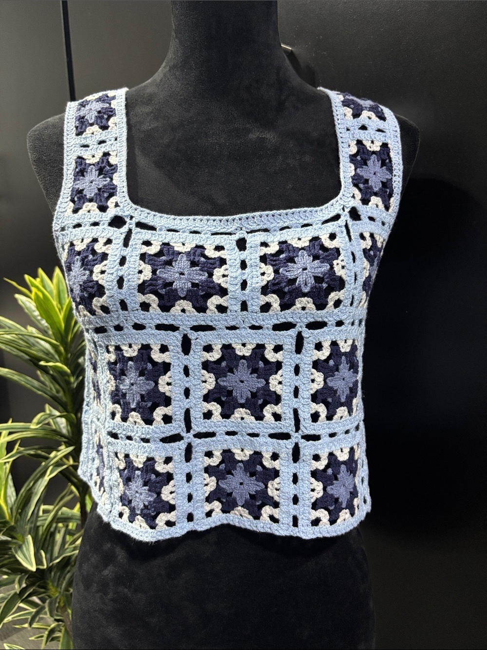 FCT Crocheted square granny pattern,thick strap,square neck,crop,trendy,everyday